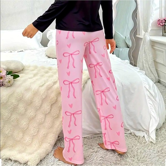 Coquette Pink & Black Bowknot‎ Print Comfy Pajamas Pj’s Long Sleeve Lounge Set - Picture 3 of 8
